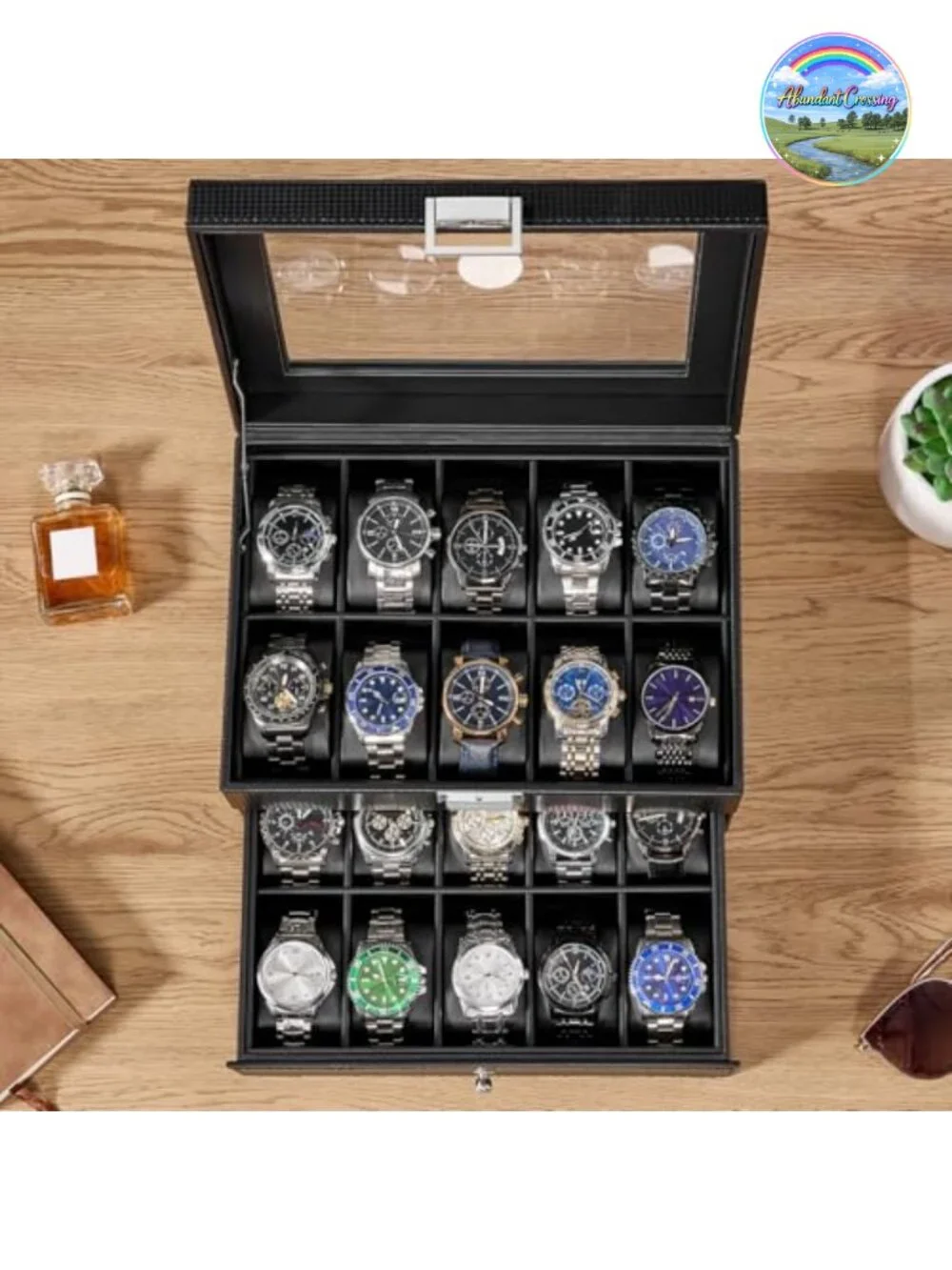20-Slot Watch Box Organizer with Glass Lid, PU Leather, Velvet Interior, Watch